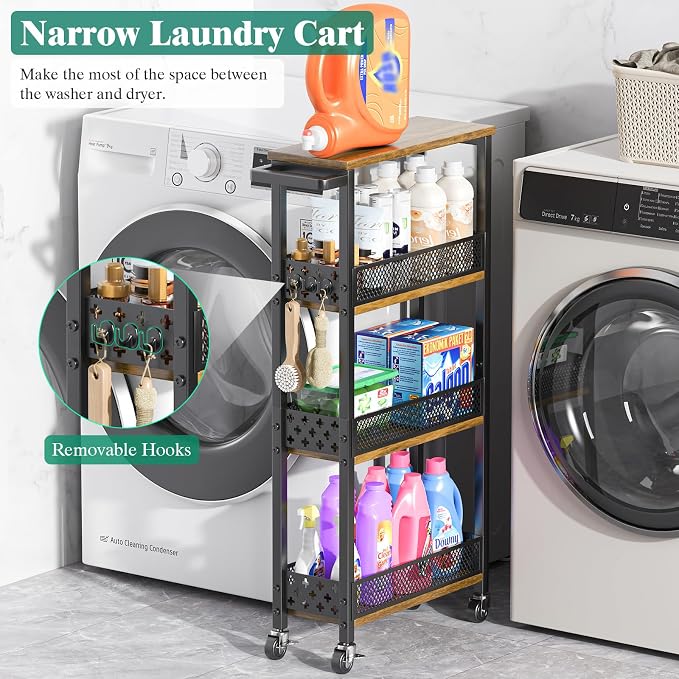4-Tier Rolling Slim Storage Cart Kitchen Bathroom Laundry Organizer | 5.9"wide, wood rack tier, with 3 hooks, carbon steel, suitable for compact spaces, 360° swivel wheels with brakes, black - Image 3