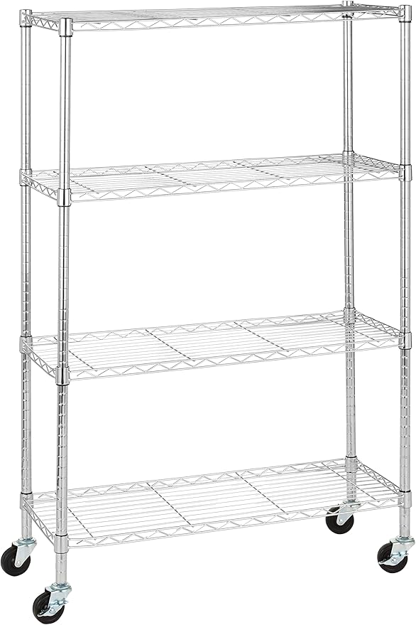 Amazon Basics 4-Shelf Adjustable Heavy Duty Storage Shelving Unit with Wheels, No-Tool Easy Assembly, Garage Shelving, Metal Wire Rack with Casters and Leveling Feet, 36" x 14" x 57.8", Chrome by AmazonBasics
