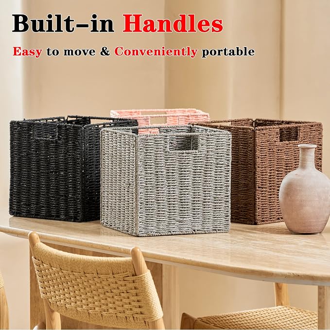 Wicker Basket, Set of 2 Hand-Woven Wicker Storage Basket, Foldable 11 inch Cube Storage Bins, Storage Baskets for Organizing Shelves, Closet Organizers and Storage Bins, Gray (11″×11″×11″) - Image 6