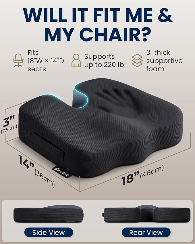 5 STARS UNITED Seat Cushion - Memory Foam & Cooling Gel - Chair Cushion for Tailbone Pain Relief - Ergonomic Support for Coccyx, Sciatica & Butt - Office, Desk & Gaming Chair, Car, Wheelchair, Black - Image 5