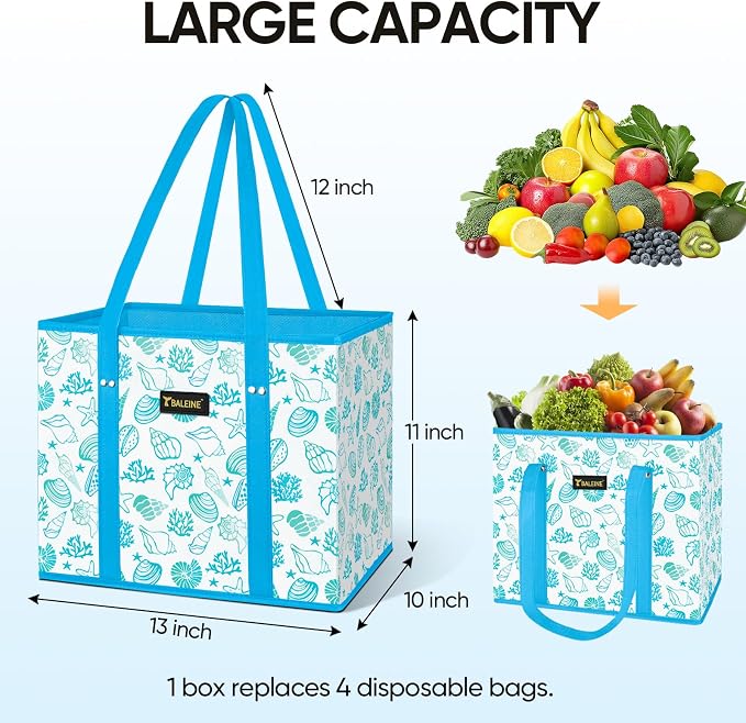 BALEINE 1PK Reusable Grocery Bags, Heavy Duty Shopping Tote Bag | 12'' Long Handles, Reinforced Bottom Keeps Upright, Fold Flat Storage, Water-Resistant Shopping Bag, Multiple Color Options - Image 3