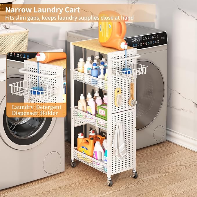 Slim Storage Rolling Cart: 4-Tier Narrow Metal & Wood Utility Cart with Wheels for Kitchen/Laundry/Bathroom(White) - Image 4