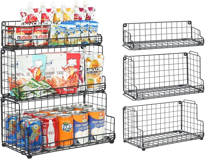 X-cosrack Stackable Wire Basket 3 Tier Countertop& Wall Mounted Metal Storage Basket for Kitchen Pantry Cabinet, Muti-functional Open Front Bin Organizer for Food Fruit Snack, Black by X-cosrack