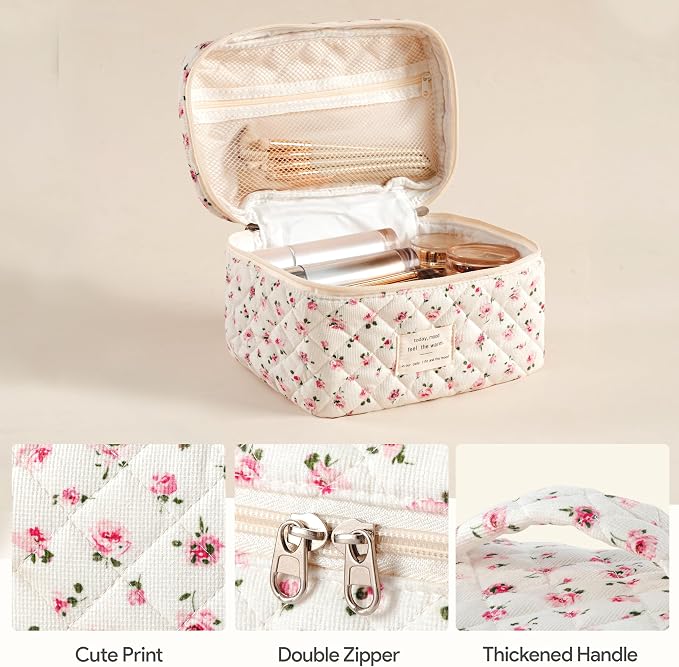 HBselect Quilted Makeup Bag, 3Pcs Cotton Large Travel Makeup Bags Organizer | Cute Floral Make up Bag Cosmetic Bag Toiletry Bag for Women Girls, Makeup Pouch for Skincare, Brushes & Travel Essentials - Image 3