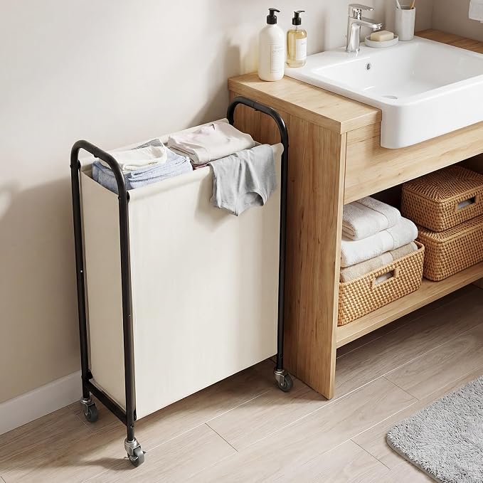 GRANNY SAYS Laundry Hamper, Slim Basket with Wheels and Handles, Beige, 80L | Heavy Duty Metal Frame, Silent Rolling Cart for Clothes in Bedroom, Bathroom, Dorm - Image 7