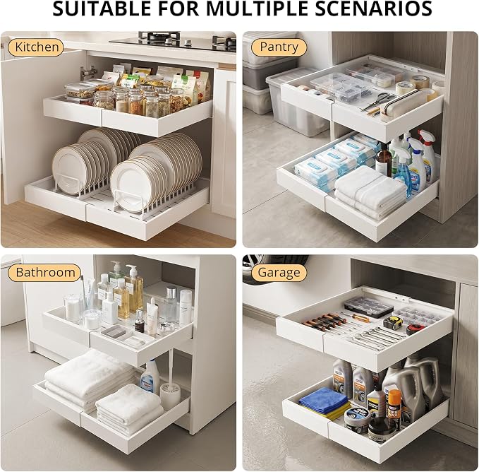 DOMNIU 2 Pack Pull Out Cabinet Organizers Expandable Width (12.4''-20.27'') | Upgrade 3 Slide Rails Sliding Drawer for Kitchen Cabinet Organizer with Adhesive Nano Film, White - Image 6
