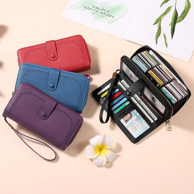 GAEKEAO Leather Credit Card Holder Wallet for Women RFID Blocking Large Capacity Bifold Zipper Card Case Organizer with Wristlet 45 Slots - Image 6