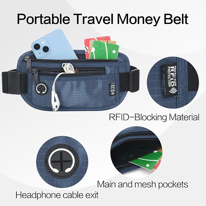 Slim RFID Blocking Money Belt for Travel - Anti-Theft Hidden Passport Holder Waist Wallet with Secure Pouch for Cash, Credit Cards & Phone Safe (Navy Blue) - Image 3