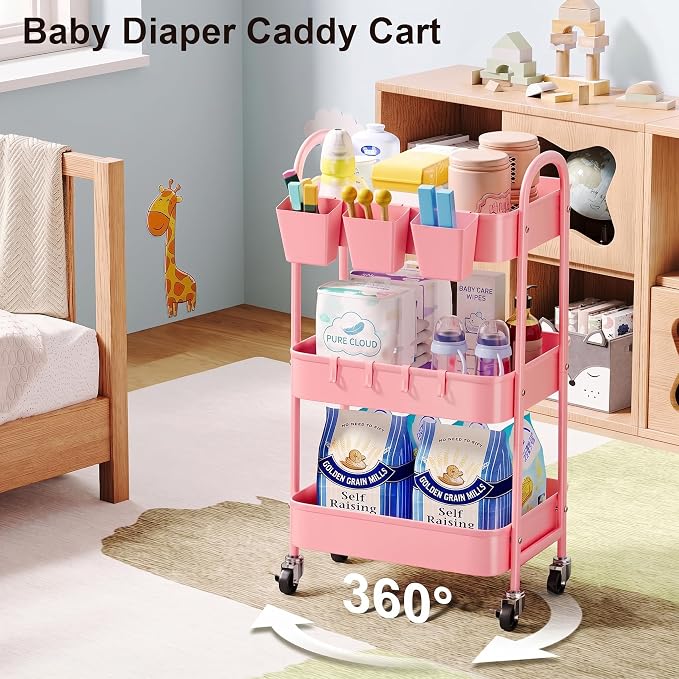 3 Tier Metal Rolling Cart with Lockable Wheels and Handle,Three Tiered Cart | Pink Roller Trolley on Wheels, Utility Storage Organizer for Bathroom, Kitchen, Teachers, Art, Crafts, Baby Diaper,Snack,Nail - Image 2