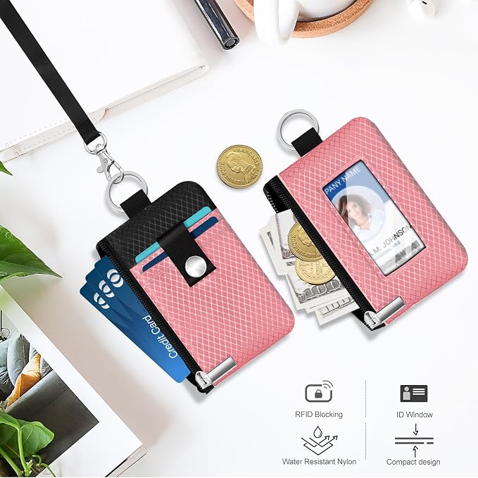 Minimalist RFID Blocking Small Wallet with ID Window,WaterResistant Zip Id Case Wallet with Lanyard Keychain for Cards,Cash,Travel,Women,Men (Pink/Black) - Image 8