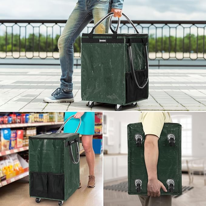 (Medium,Green) Reusable Grocery Bag on Wheels, Foldable Rolling Tote, Carries Up to 66 lbs Shopping Trolley, Zipper Clouser Shopping Carts for Trips, Laundry, 4 Heavy Duty Wheels and 3 Handles - Image 7