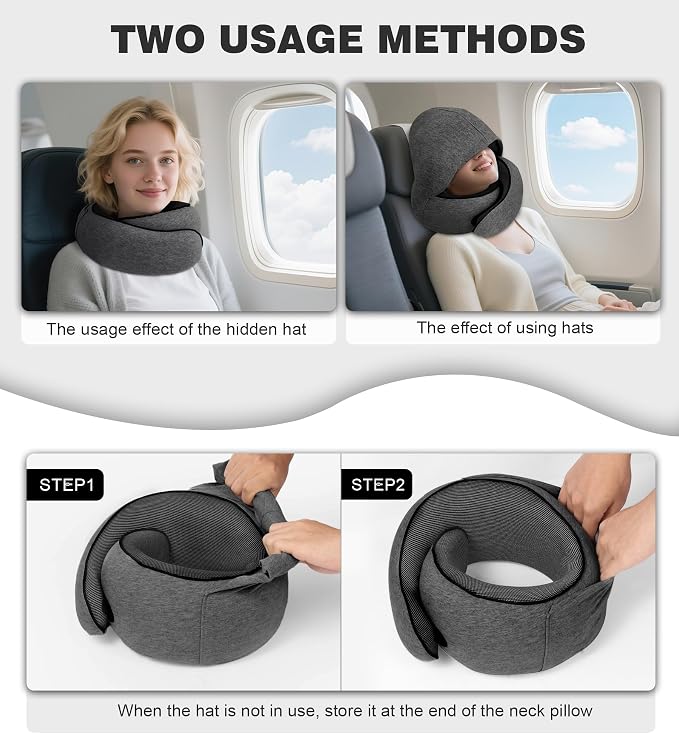 Travel Neck Pillow, Newly Upgraded Hooded Neck Pillow, 100% Pure Memory Foam Travel Pillow for Flight Headrest Sleep,Portable Aircraft Accessory,Suitable for use in Plane/Car/Office(Grey) - Image 4