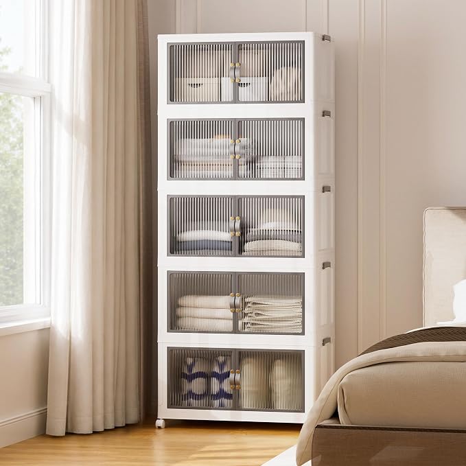SAILUN 580Qt Stackable Storage Bins,Storage Cabinet Drawer with a Lid,White | Stackable Storage Drawers with Lids,26" W x 17" D x 71" H,Featuring open-front Access for Closet Storage by SAILUN