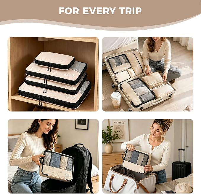 8-Piece Compression Packing Cubes for Travel, Luggage Organizer Sets | Ultralight Aesthetic Packing Cubes with Space Save & Double Zipper for Carry-On & Suitcase, Travel Essentials- Beige - Image 9
