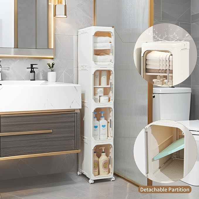 Narrow Storage Cabinet,2-Tier Slim Bathroom Organizer with Wheels,Beige | Turns Unused Narrow Spaces into Organized Storage Slim Outside Spacious Inside Rolls Smoothly Locks Securely Snap Assembly - Image 3