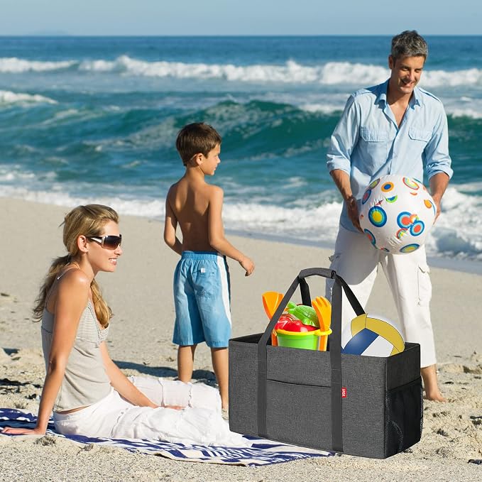 LHZK 2 Pack Extra Large Utility Tote Bag with Metal Wire Frame and the Sides Rinforced, Extra Large Tote Bag with Handle for Pool Beach Laundry Storage (Grey) - Image 2