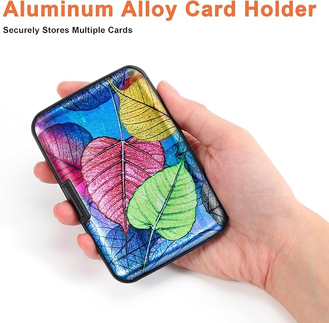 Mayski Credit Card Holder for Women RFID Blocking Wallet, Colorful Leaves | Card Wallets for Women Small Mini Business Metal Accordion Aluminum Alloy Hard Case for Men - Image 3