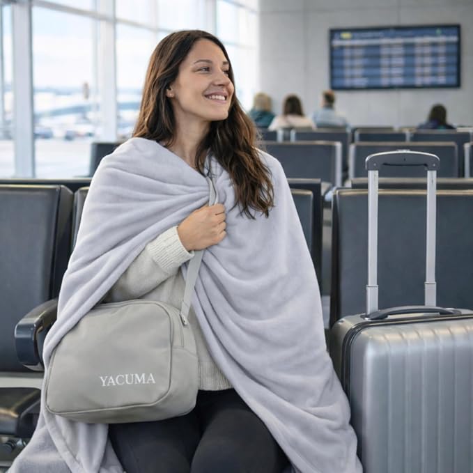 Travel Blanket Airplane, Soft 40" x 60" Flannel Travel Blanket, Lightweight Compact Blanket for Flights, Car Trips, Home & Office, Includes Carrying Pouch, Grey - Image 4