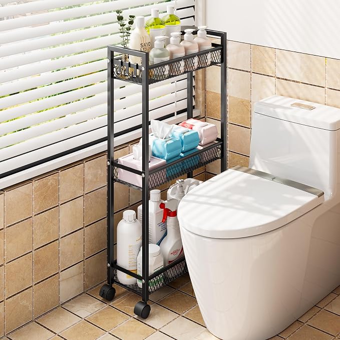 Slim Rolling Storage Cart, Metal 3 Tier Bathroom Storage Organizer Laundry Room Utility Cart for Kitchen, Bthroom, Makeup, Craft, Laundry Narrow Places, Black - Image 6