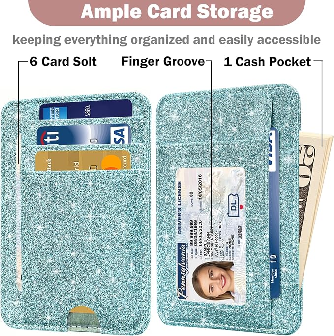 HOTCOOL Card Holder Wallet Front Pocket Minimalist Travel Cute Funny Thin Leather With RFID Blocking Small Credit Card Holder Wallet for Men & Women Girls Organizer Gifts, Glitter Blue - Image 3