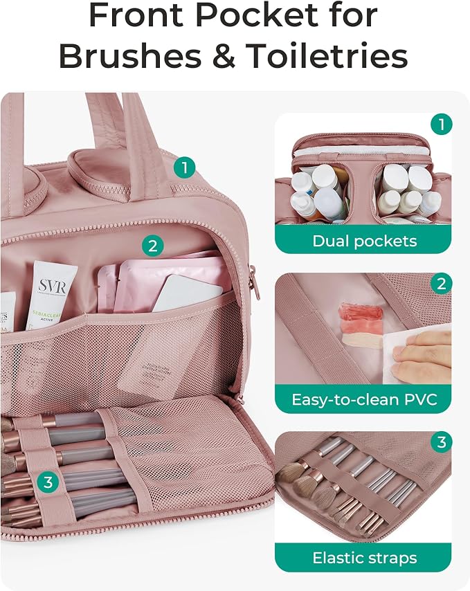 BAGSMART Travel Toiletry Bag, Lightweight Large Wide-open Travel Bag for Women, Puffy Cosmetic Makeup Bag Organizer with Handle for Accessories,Essentials, Toiletries, Dark Pink - Image 2
