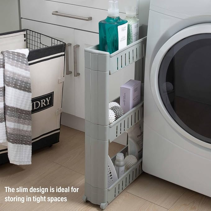 Simplify 3 Tier Slim Slide Out Storage Cart | Multi-Purpose Organization | Rolling | Wheels | Small Space | Laundry Room | Kitchen | Bathroom | Office | Grey - Image 4