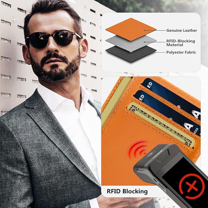 Travelambo 100% Genuine Leather Wallet for Men and Women, Slim Minimalist RFID Blocking Front Pocket Credit Card Holder with Gift Box(Brown 02) - Image 3