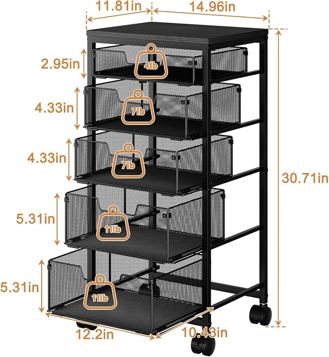 Kitchen Storage Cart with Drawer, 5-Tier Fruit Vegetable Storage Cart, Kitchen Organizer and Storage Cart with Wheels, Wooden Top Metal Wire Pantry Storage Cart rack for Fruit Snack Onion Potato - Image 7