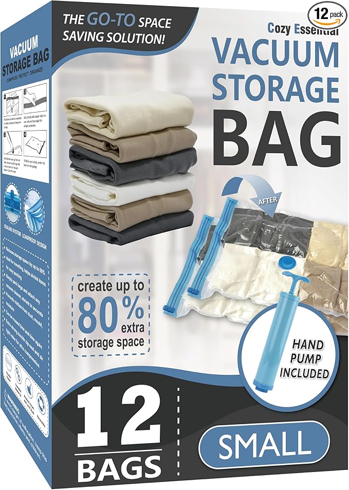 Cozy Essential Vacuum Storage Bags, 80% Compression Vacuum Seal Space Saver Plastic Packaging Bags for Clothes, Blankets, Pillow, Bedding, Comforters, Sealer Clothing Storage,12 Small by CozyEssential