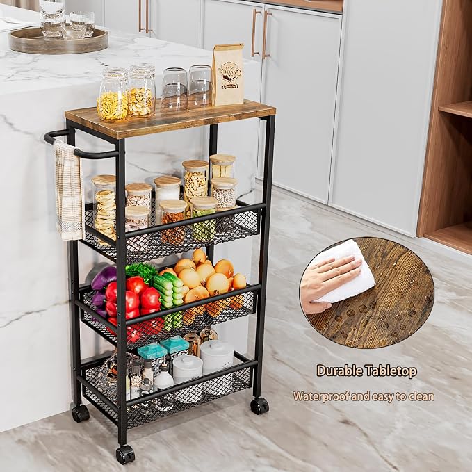 Slim Rolling Cart 4 Tier Narrow Storage Cart on Wheels with Handle | Lockable Wheels, Wood Top Panel, Metal Frame Utility Carts for Kitchen, Dining, Living, Home Office, Laundry Room - Image 3