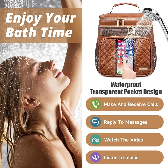 Large Leather Toiletry Bag for Women Men,Bathroom Bag,Water Resistant Shower Bag,Makeup Bag,Portable Shower Caddy for College Dorm,Hanging Travel Toiletry Bag with Transparent Waterproof Phone Pocket - Image 3