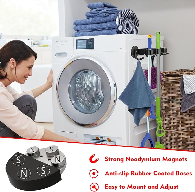 MUTUACTOR Heavy Duty Magnetic Broom Holder, 1PCS Mounting Broom and Mop Hanger, Anti-slip Black Magnetic Tool Holder 3 Slots and 4 Hooks for Fridge, Metal Door, Garage, Work Station - Image 4