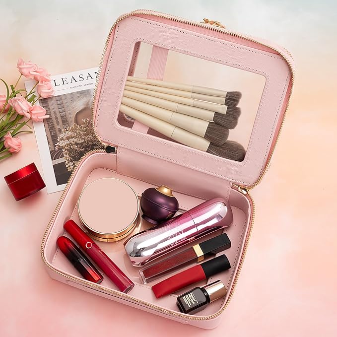 Aveniee XL Clear Makeup Organizer,Double Layer Travel Cosmetic Case with Brush Holder & Zippered Compartments, Large Toiletry Bag Train Case for Women.2 Layers, Pink - Image 4