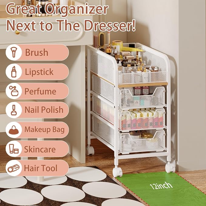 Rolling Makeup Cart Organizer with 3 Drawers, 4-Tier Narrow Floor Skincare Organizers with dividers, Vanity Organizer Cosmetics Display Cases for Makeup Brush, Hair Tool, White - Image 7