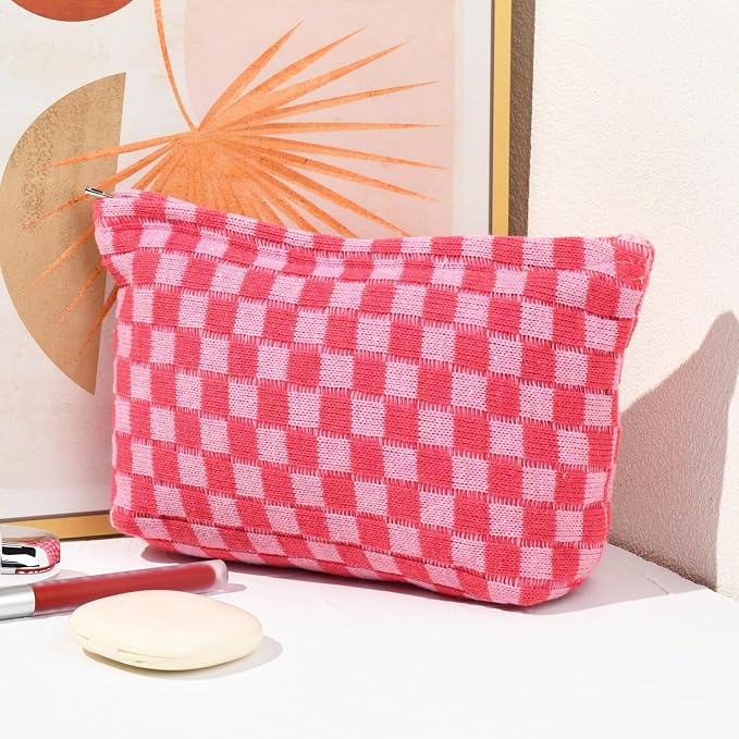 SOIDRAM 2 Pieces Makeup Bag Large Checkered Cosmetic Bag Capacity Canvas Travel Toiletry Bag Organizer Cute Makeup Brushes Aesthetic Accessories Storage Bag for Women, Rose Red checkered - Image 6