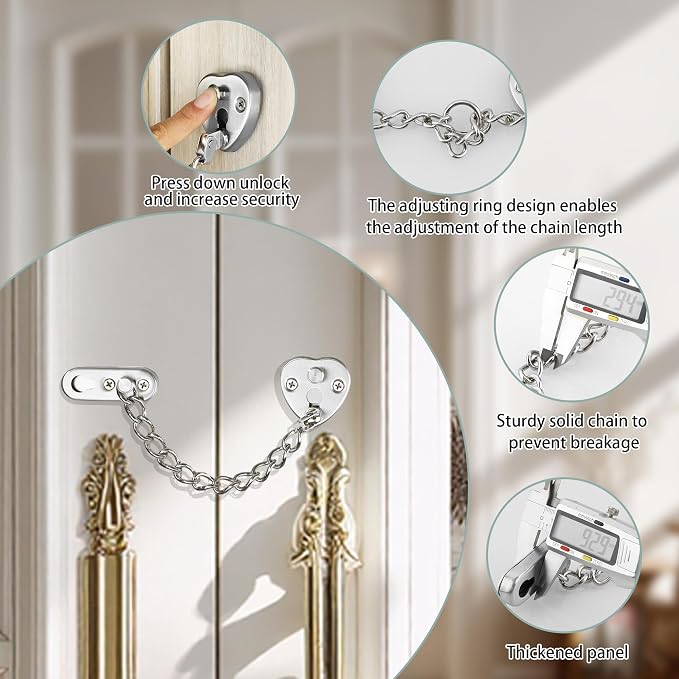 Alise Door Chain Lock, Brushed Nickel Adjustable Child Proof Security Door Lock for Apartment | Stainless Steel Chain Door Lock,Heart-Shaped Design Press-To-Unlock Heavy Duty Chain Lock For Barn Bedroom & Travel - Image 5