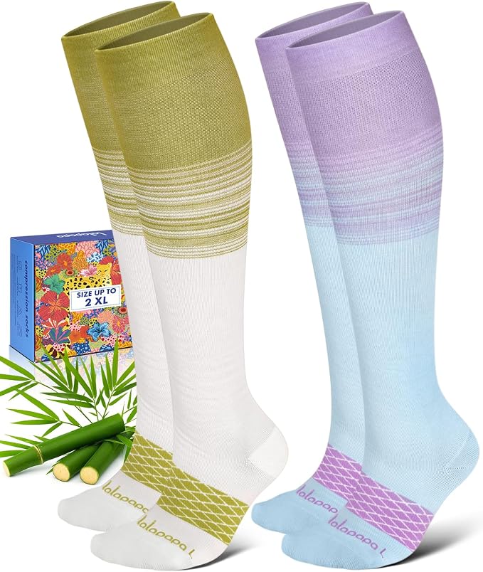 Bamboo Viscose Compression Socks for Women Men | 2 Pairs 15-20mmHg Cute Breathable Graduated Knee High Compression Socks for Nurse Pregnancy Travel by Lalapapa