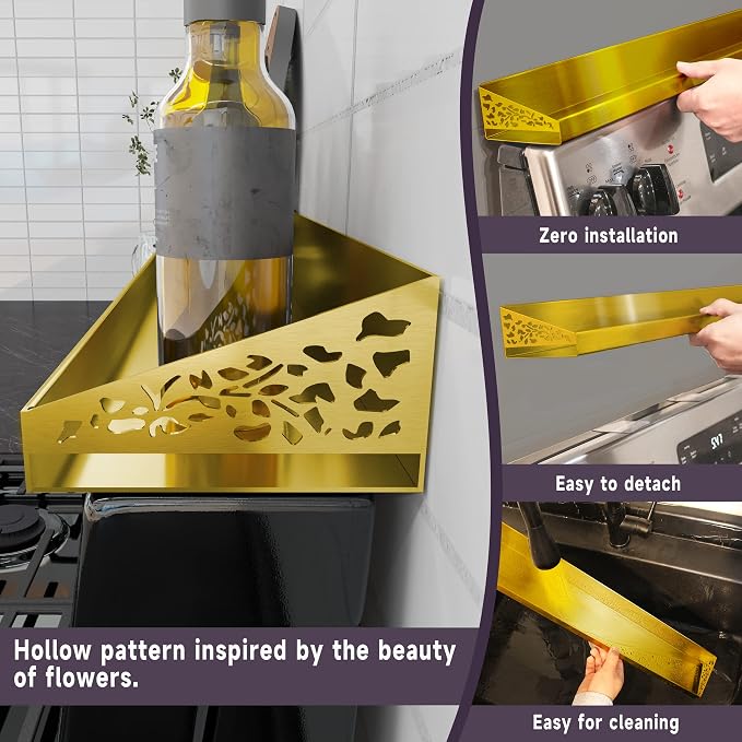 STUTOV 30" Magnetic Stove Top Shelf – Brushed Gold Spice Rack and Seasoning Organizer – Kitchen Shelf for Back of Stove – Over Stove Rack and Storage Organizer - Image 3