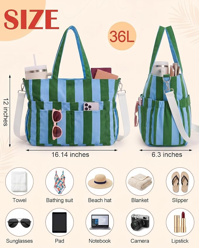 Kacctyen Striped Beach Tote Bag for Women Large Beach Foldable Tote Bag with Zipper Pockets for Travel Pool - Image 3