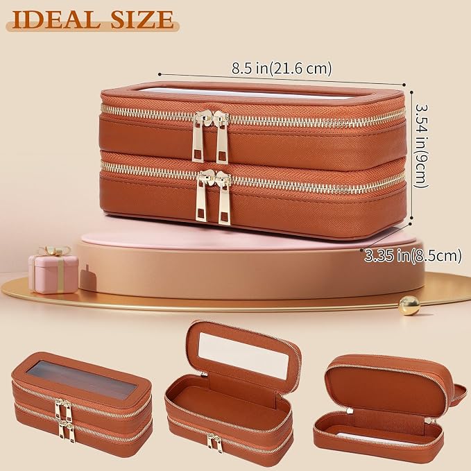 Pinkmik Double Layer Makeup Bag, Brown, Double SLIM | Makeup Brush Case, Waterproof, Travel Cosmetic & Toiletry Organizer, Car Essentials for Women - Image 4