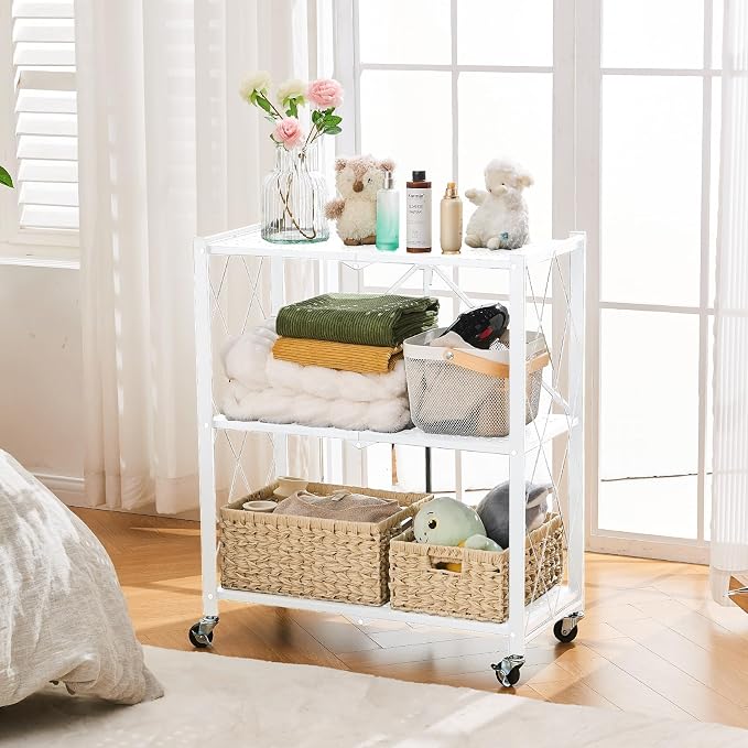 BRIAN & DANY 3-Tier Foldable Storage Shelves with Wheels, No Assembly Folding Shelf Metal Rack, Shelving Unit for Kitchen, Garage, White - Image 2