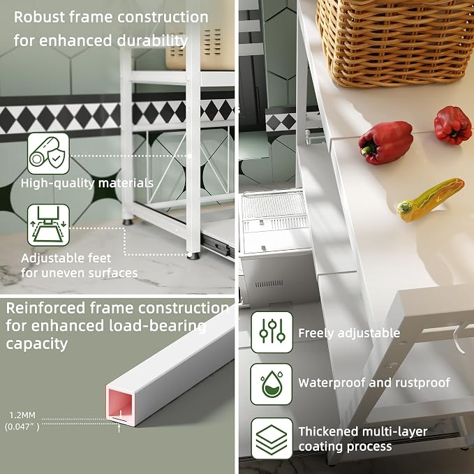 2 Tier Expandable Microwave Stand countertop,Microwave Oven Rack | Pull-Out Microwave Shelf, storage shelves for pans &appliances,Adjustable partition height，8 Hooks,55lbs max load,White - Image 6