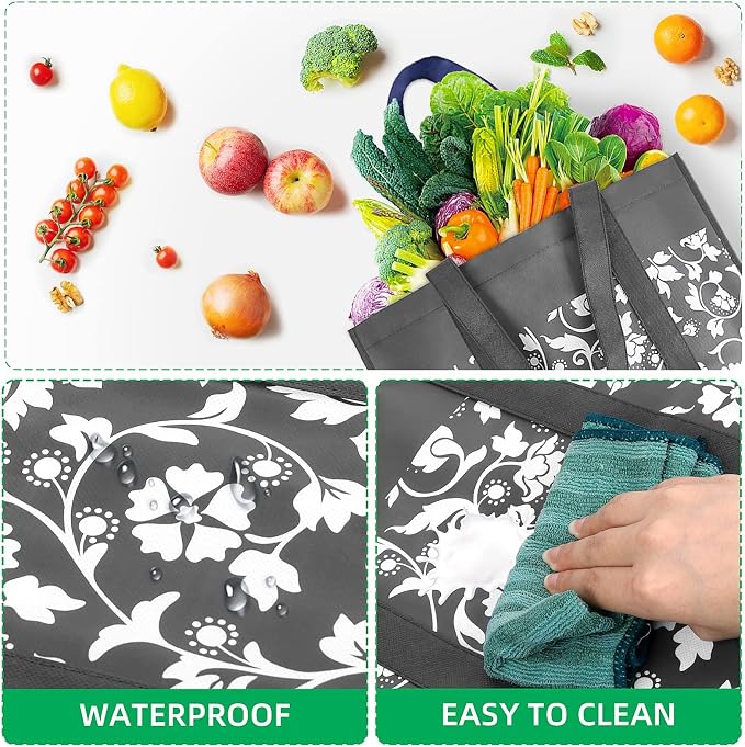 Reusable Grocery Bags Foldable Tote Bags bulk Shopping Bags 6-Pack, Grey | Reinforced Handles Shopping Bags for Groceries Heavy Duty Kitchen Reusable Grocery Bags with Waterproof Coating - Image 4