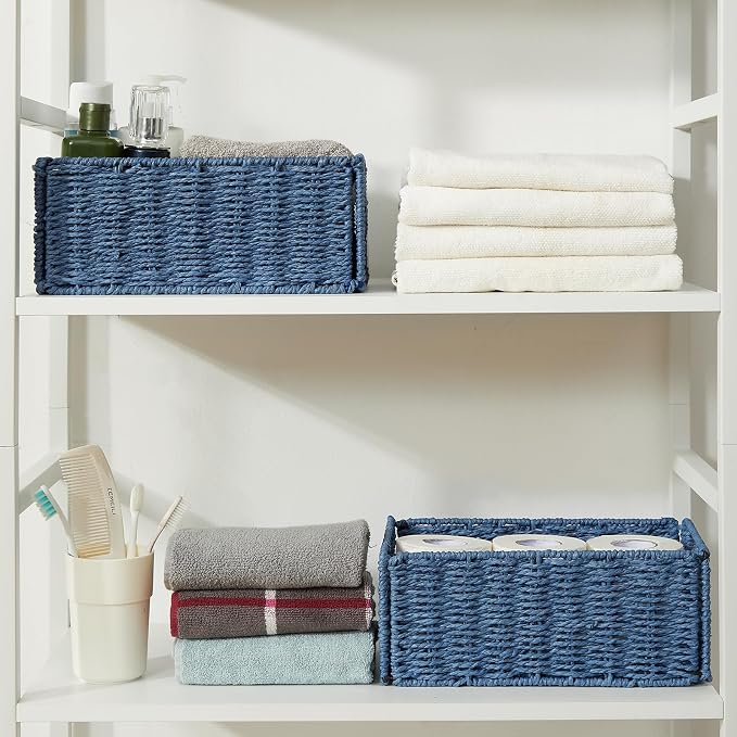 Wicker Storage Basket, Set of 2 Hand-Woven Paper Rope Wicker Basket, Small Storage Baskets for Organizing Toilet Paper Basket, Foldable Large Cube Storage Organizer Bins for Shelves (Blue) - Image 6