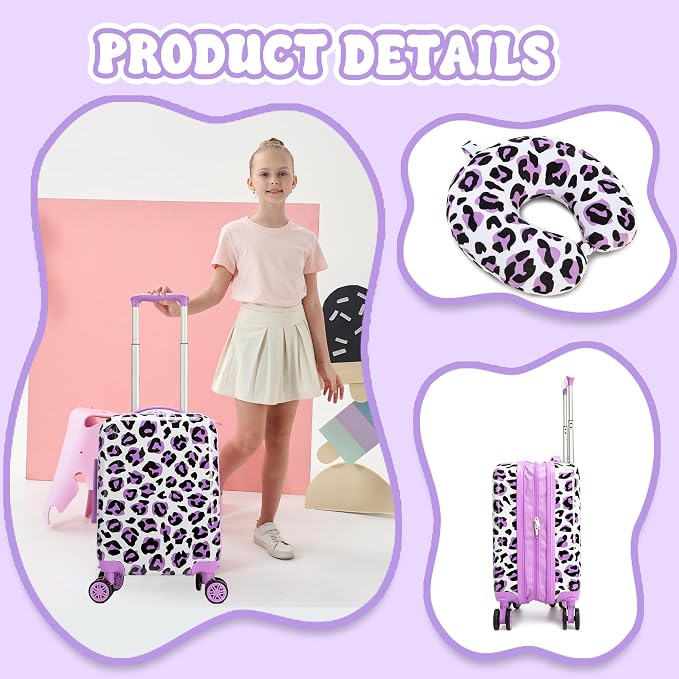 Kid's Luggage Set 2 Piece Suitcase Set Hardside Luggage with Spinner Wheels Girls Carry on Toddler Travel Rolling Suitcase with Neck Pillow Airline Approved - Image 9