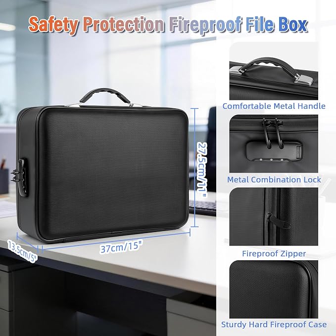 Fireproof Document Box with Lockable Zipper, Waterproof Hard-Shell Case, 13 Pockets Accordion File Folder, Multi-Layer Portable Travel, Home & Office Safe Storage Box for Important Papers, Cash (L) - Image 4