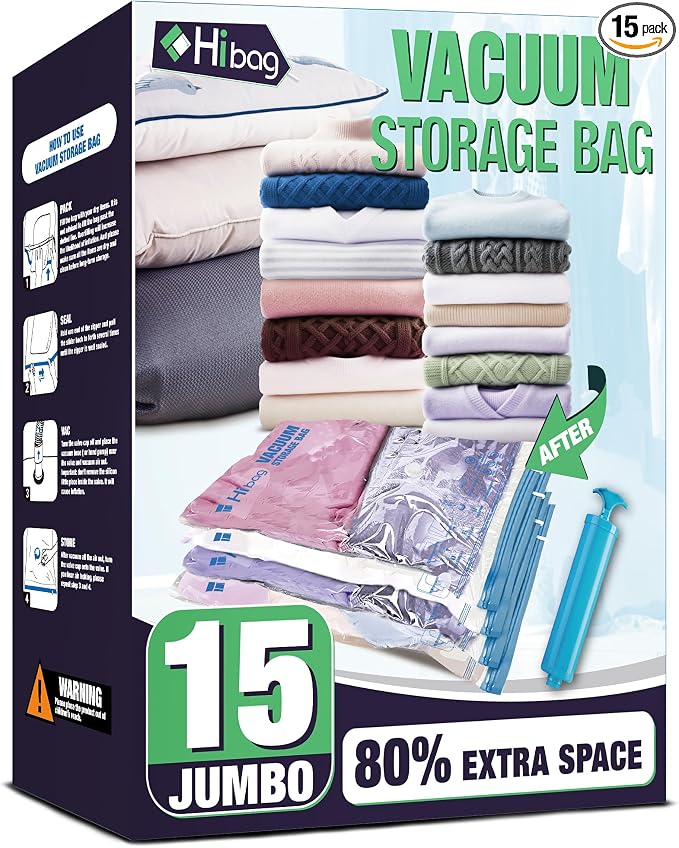 15 Jumbo Vacuum Storage Bags for Bedding, Vacuum Seal Bags for Clothing | Extra Large XL, Airtight Triple Seal, Save 80% Space, Hand Pump, Work with Vacuum, Double Zip, Reusable, Easy to Use by HIBAG