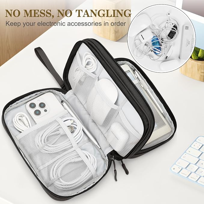 FYY Electronic Organizer, Travel Tech Pouch Bag, Large, Coffee | Wrist Strap, Waterproof, Double Layers Portable Electronics Travel Carrying Case for Cord, Charger, Daily Business Trips Use - Image 5