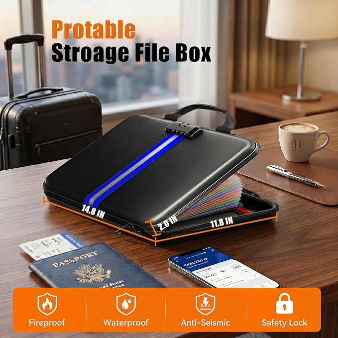 Fireproof Document Organizer with Lock, Rigid EVA File Box with 13-Pocket Accordion Folder for Important Documents & Tablets under 11", Lightweight Safe Storage for Home, Office & Travel (Small Size) - Image 6