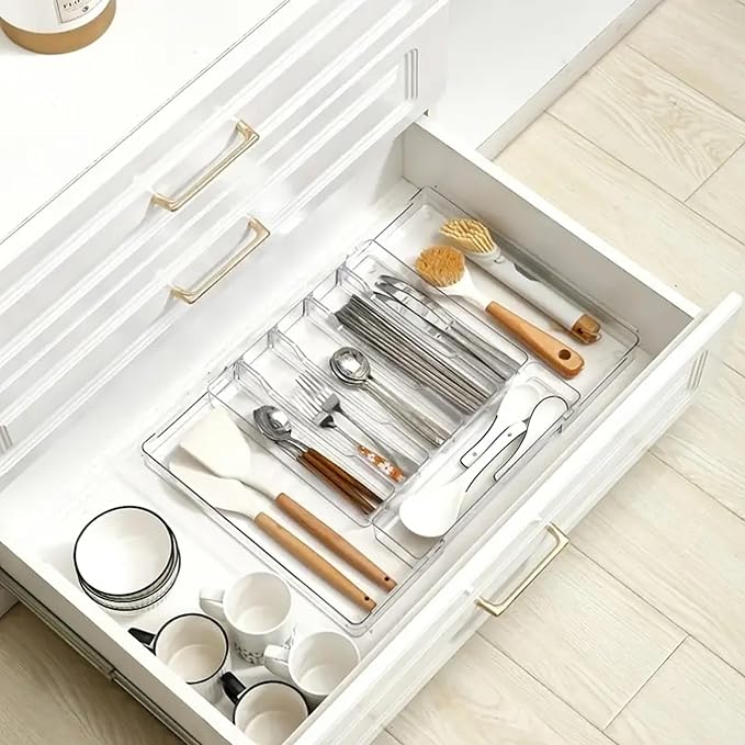 Silverware Drawer Organizer, Expandable Utensil Tray for Kitchen Drawers,BPA Free Flatware and Cutlery Holder,Adjustable Plastic Storage for Utensil like Spoons, Forks, Knives.Clear - Image 5